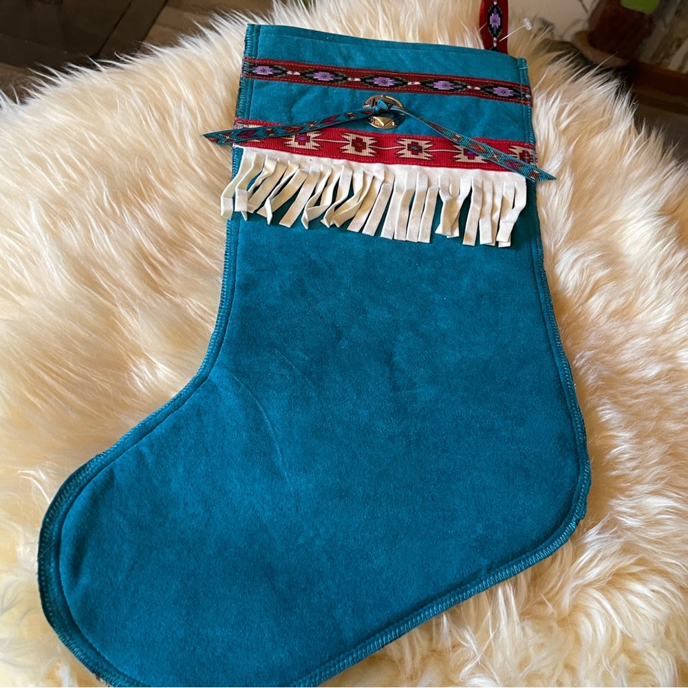 Handcrafted Teal Christmas NEW 15.5” ultra suede stocking. fringe. Western theme